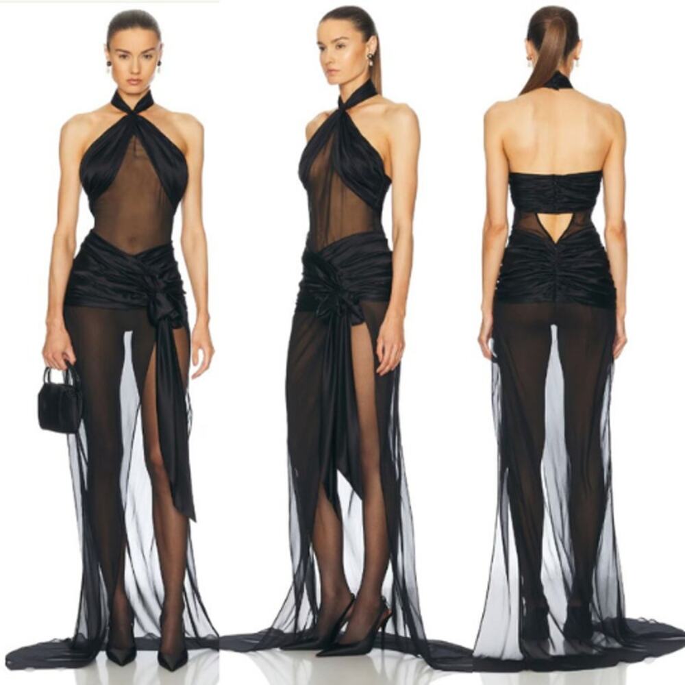 Mirror Palais | NWT Bow Wrap Dress in Noir Black Silk Chiffon Maxi XS
